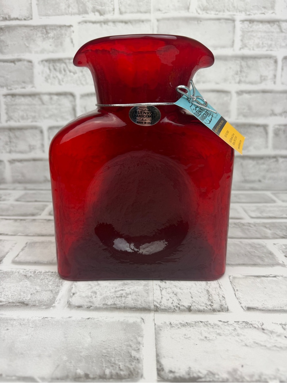 Blenko Ruby Red 384 Double Spout Water Bottle 
Stamped dated w/sticker and tag